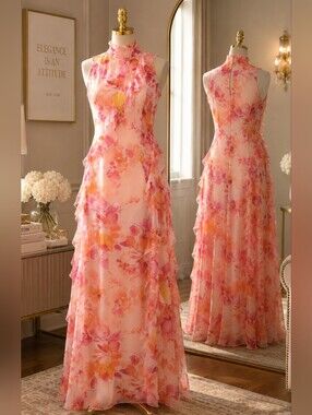 Eliza J Watercolor Floral Ruffle Maxi Dress | Size 12 | Romantic Glam